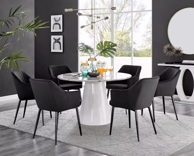 Furniturebox Palma White Marble Effect Round Dining Table and 6 Calla Black Leg Chairs Set