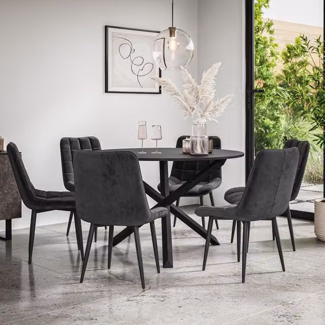 More4Homes Malvern Round Dining Table and 6 Nova Velvet Dining Chairs Set, Black Table Top with Solid Oak Black Legs, Diameter: 120 cm, Height: 75 cm