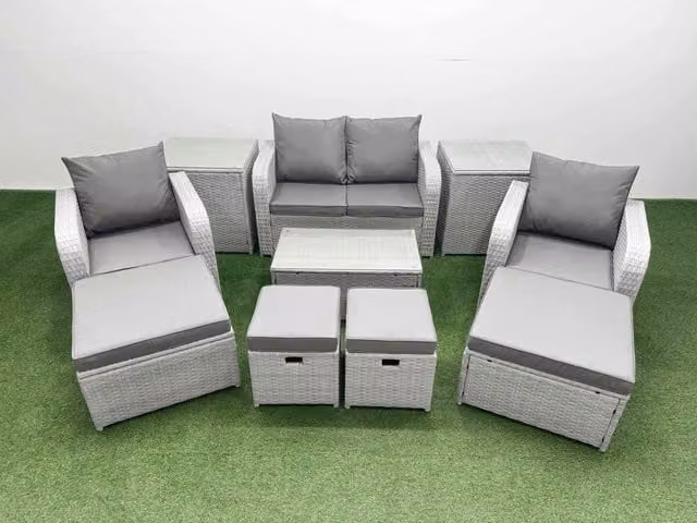 Fimous 10 Piece Modern Garden Furniture Set in Light Grey with Upholstered Sofas, Reclining Chairs, Ottoman and Rectangular Coffee Table