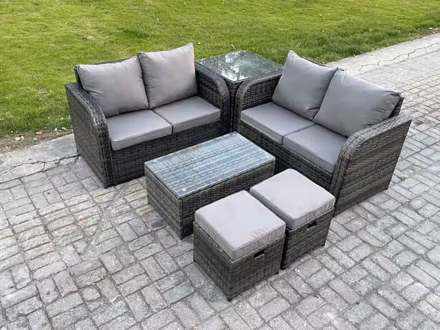 Fimous Outdoor Lounge Sofa Set with Rectangular Coffee Table, 2 Footstools and Side Table in Dark Grey Rattan