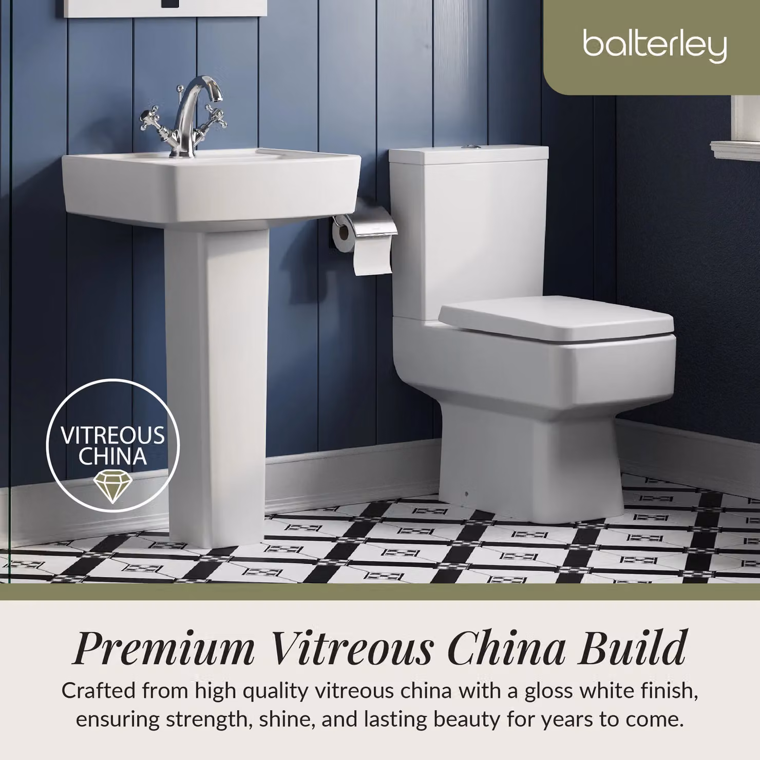 Balterley Optic Square Suite Ceramic Toilet with Soft-Close Seat and 520mm Basin Pedestal in White – 3