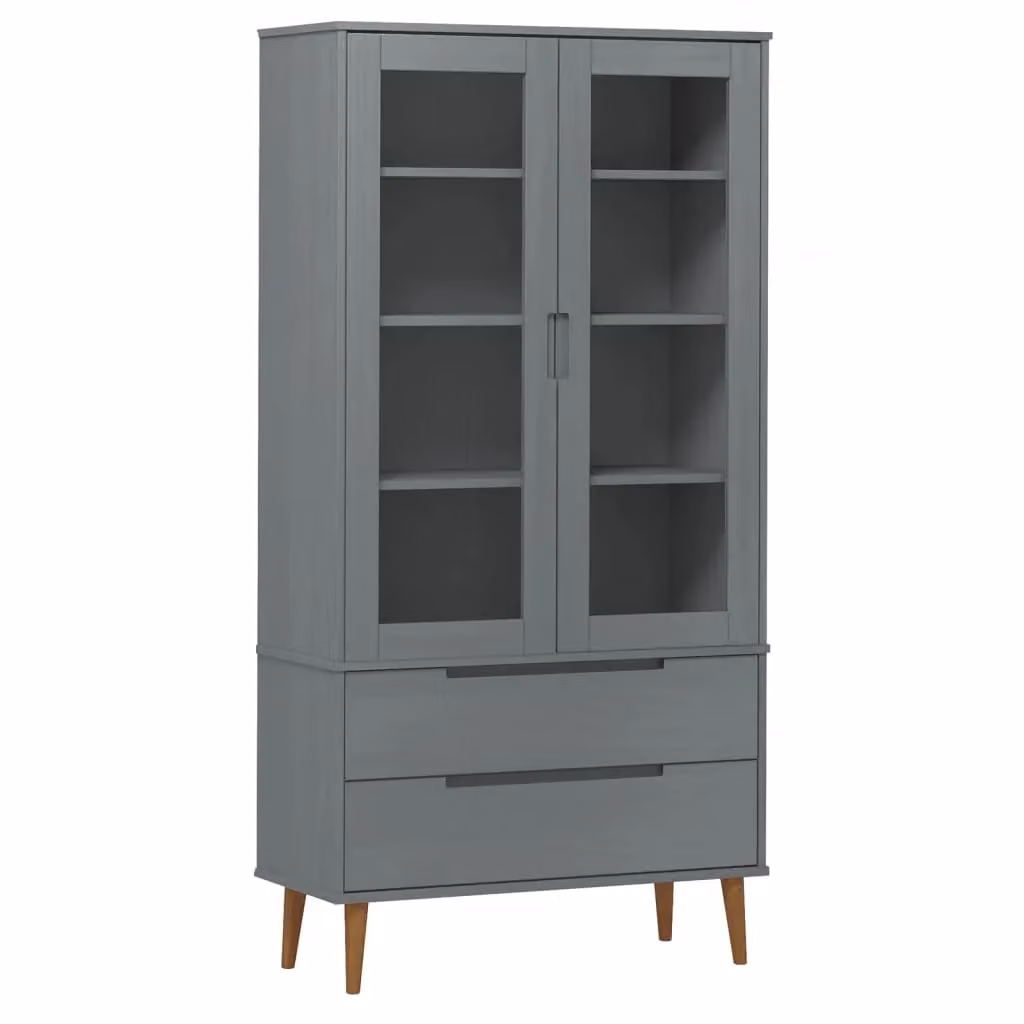 Berkfield Home MOLDE Vitrine Cabinet in Grey Solid Wood Pine with Glass Doors, W/D/H: 90 x 35 x 175 cm – 2