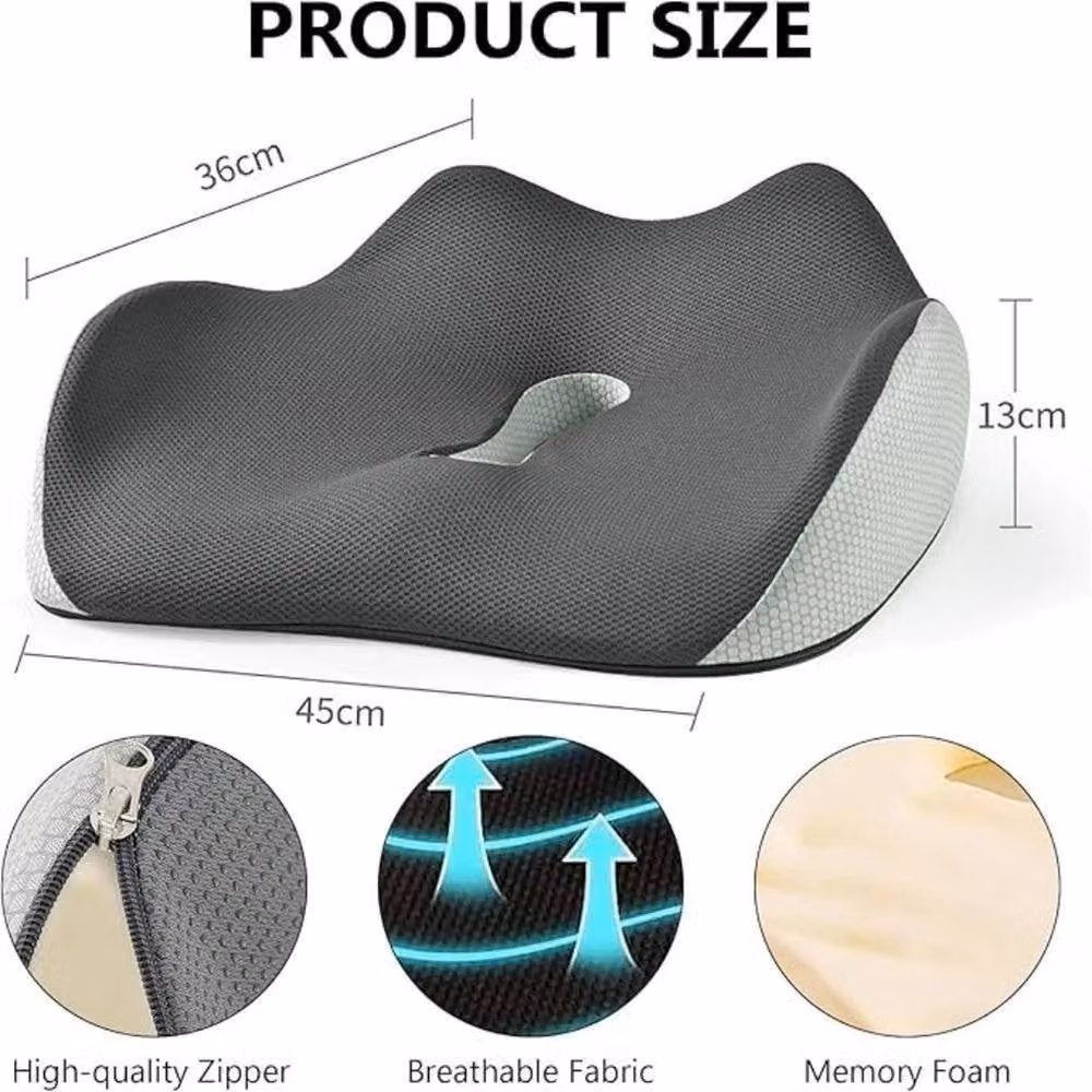 FLAVORA Orthopaedic Memory Foam Seat Cushion in Grey, Ergonomic and Breathable with Non-Slip Base