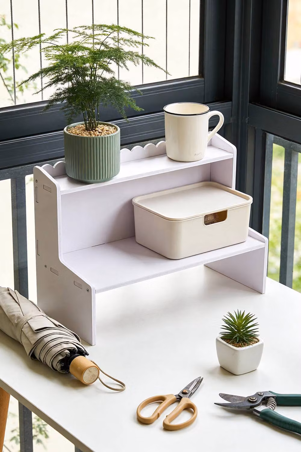 Living and Home 2-Tier WPC Desktop Storage Shelf with Scalloped Edge in White – 6
