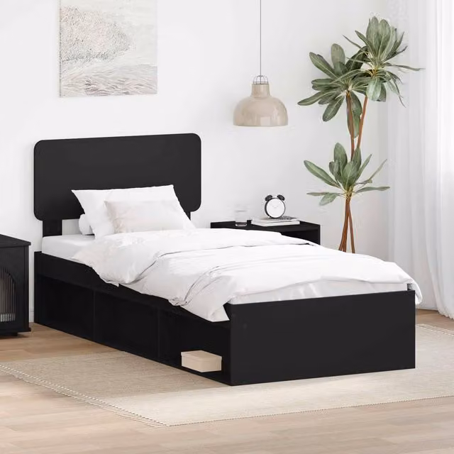 Berkfield Home Modern Bed Frame with Headboard in Black Solid Pine Wood, W/D/H: 100 x 200 cm