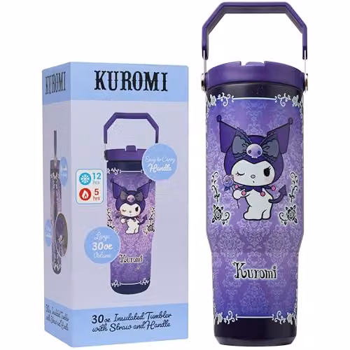 Get Trend Sanrio Kuromi Insulated Metal Water Bottle with Flip Up Straw and Handle, 850ml, Purple – 1