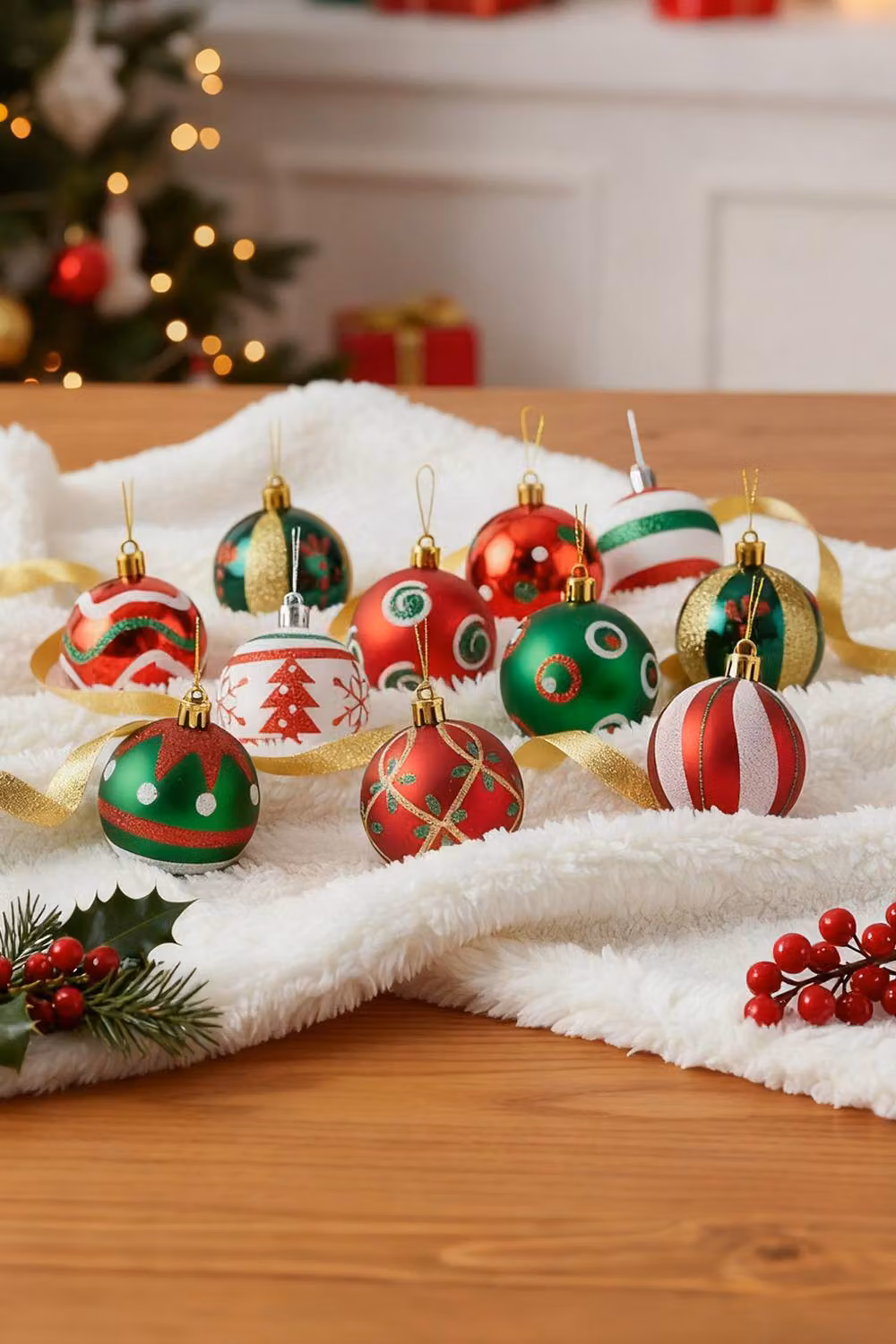 Living and Home 30-Piece Christmas Ornament Set with Red Multicolour Geometric Line, Wavy Stripe and Polka Dot Designs – 2