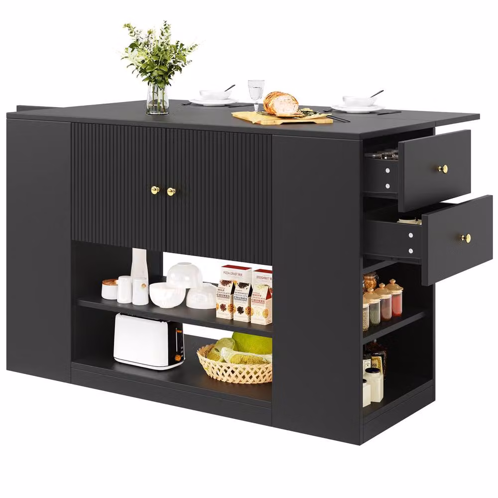 Rolipo Modern Black Kitchen Island with Fold-Down Tabletop and Storage – 9
