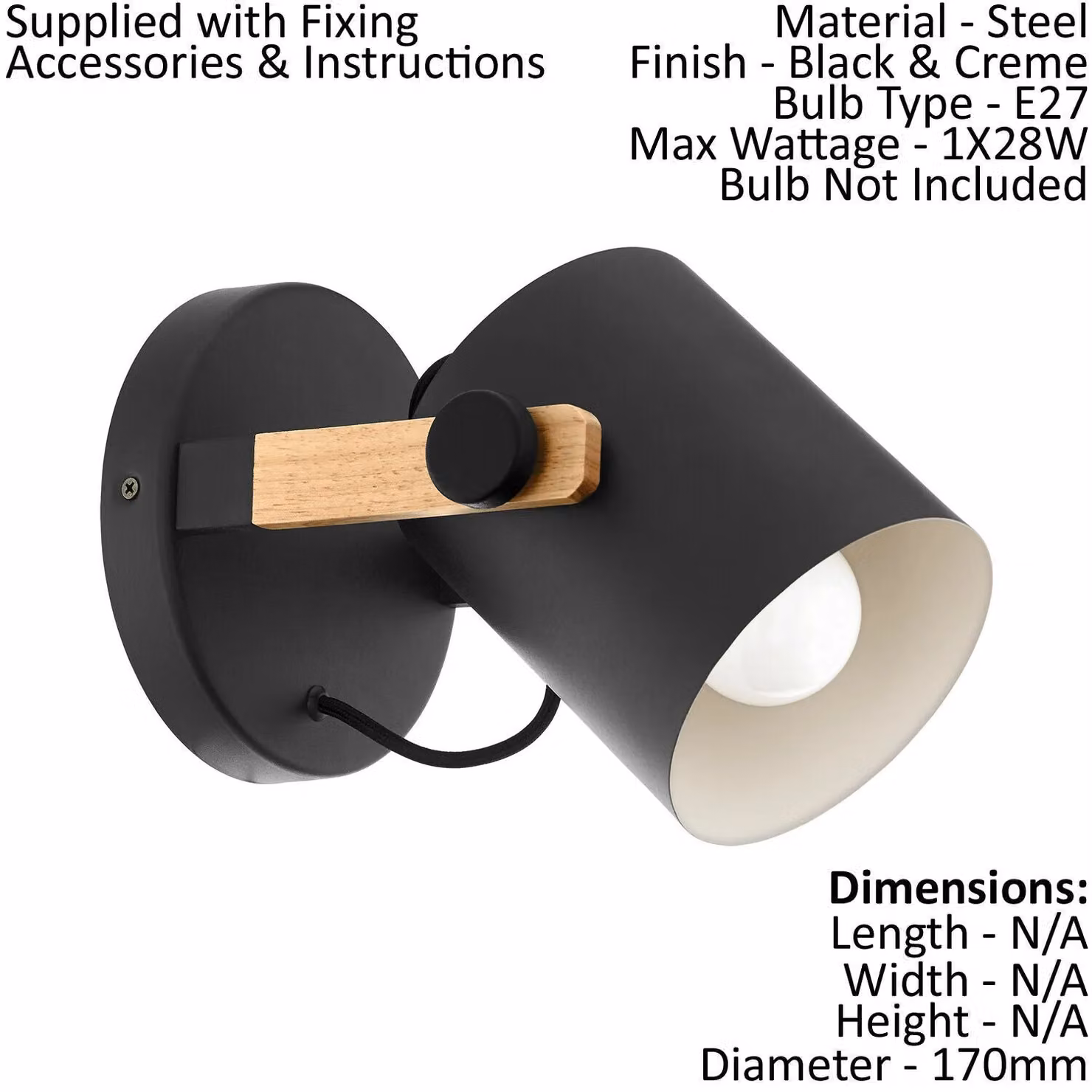 Loops Adjustable LED Wall Sconce in Black and Wood with Beige Shade, E27 Bulb Compatible – 2