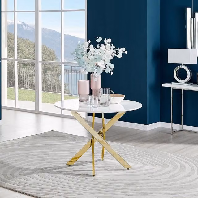 FurnitureboxUK Novara Round 4-Seater Dining Table in White with Gold Chrome Legs, Diameter: 100 cm