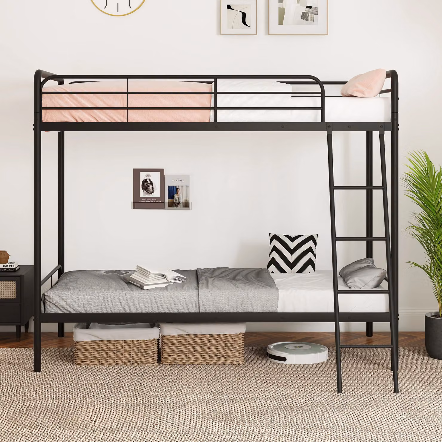Gymax Heavy Duty Metal Single Over Single Bunk Bed with Ladder in Black – 6