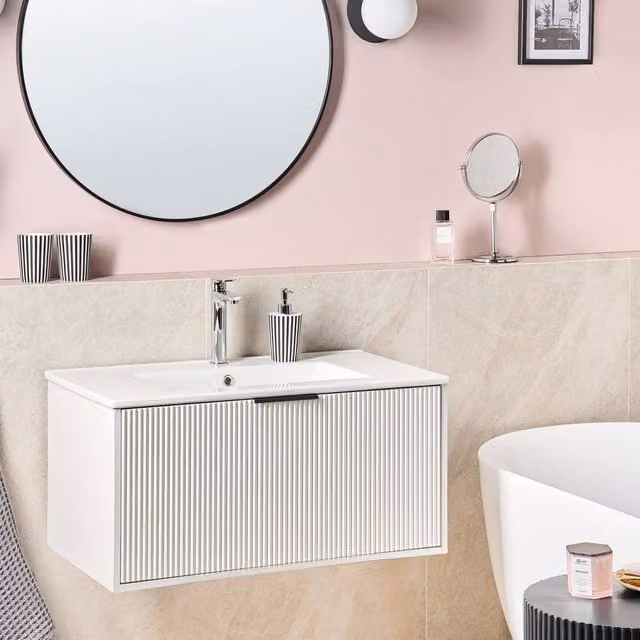 Wyld and Coco 80cm Wall Mounted White Wood Bathroom Vanity Unit with Ceramic Basin