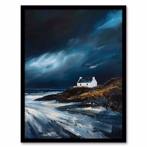 Artery8 Scottish Isle Cottage Stormy Coastal Landscape Oil Painting Framed Wall Art Print, Blue, W: 21.0 cm, H: 29.7 cm