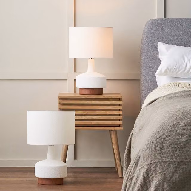 Pacific Lifestyle Set of 2 Elio Textured Ceramic Table Lamps in White with Wood Effect