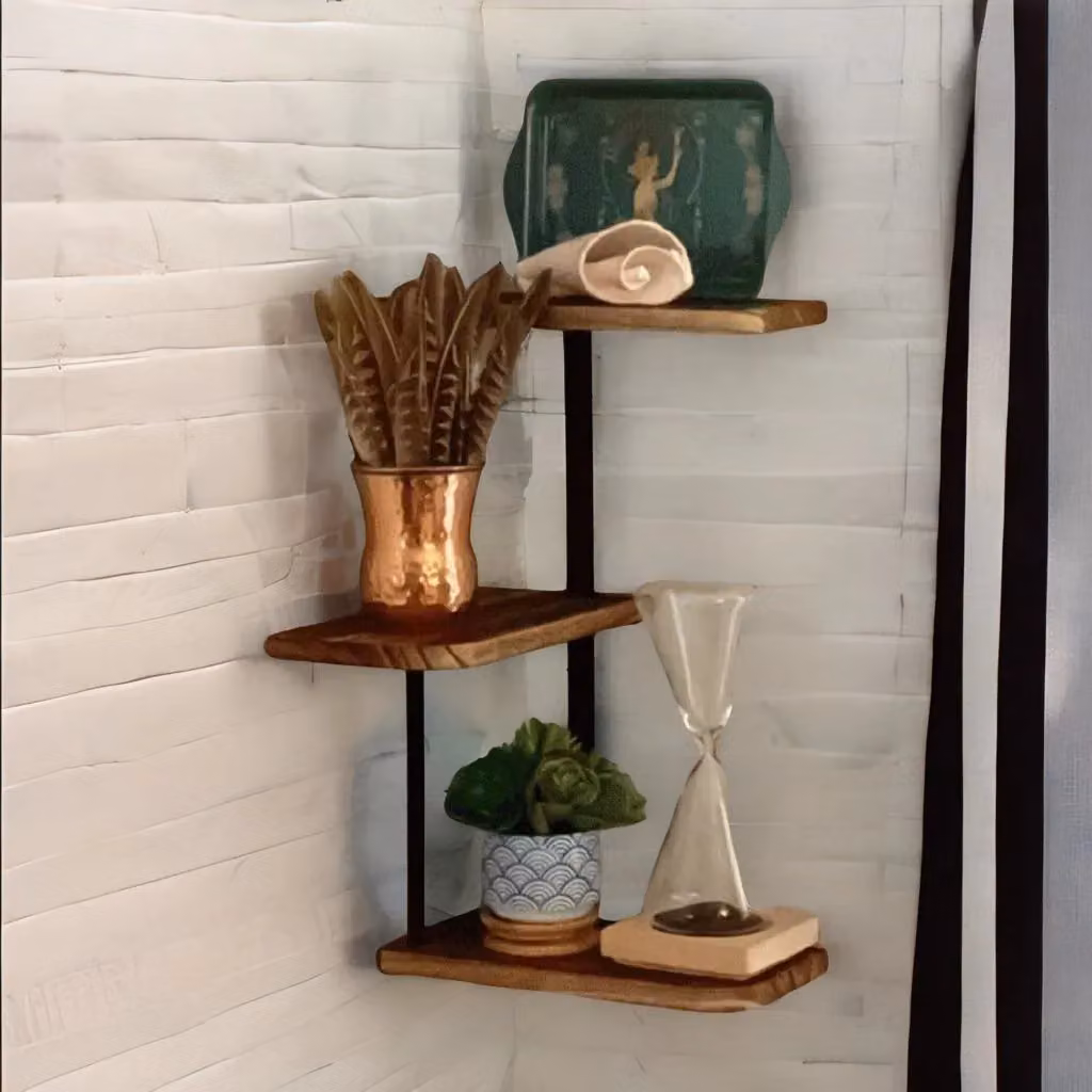 Pirlo Plush 3 Tier Wall Mounted Floating Corner Shelf in Rustic Brown – 2