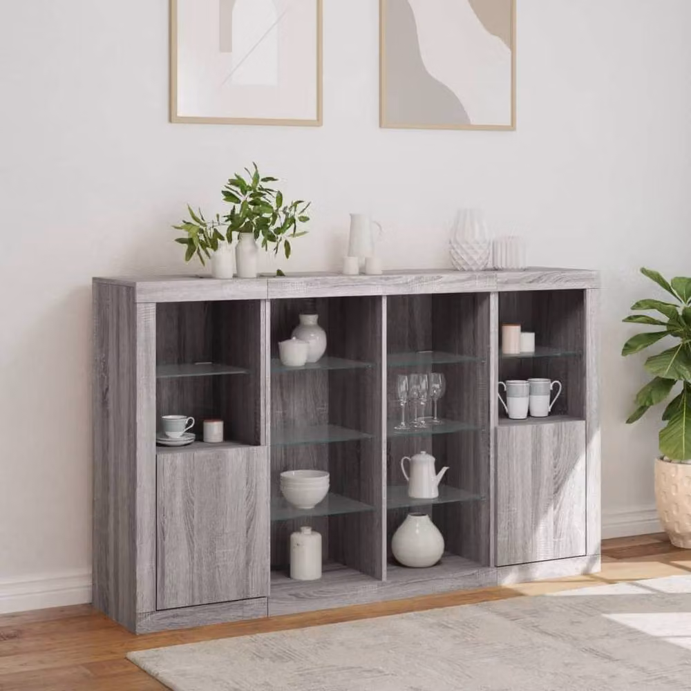 Berkfield Home Set of 3 Modern Grey Sonoma Sideboards with Integrated LED Lighting and Glass Details – 3