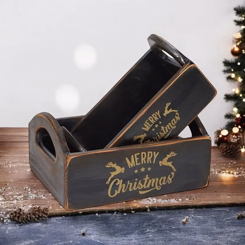 Minster Merry Christmas Wooden Crates, Set of 2, Black – 2