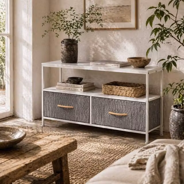 Wyld Haus Avavale TV Stand in White and Grey with 2 Foldable Fabric Drawers, W: 98 cm, D: 29 cm, H: 56 cm
