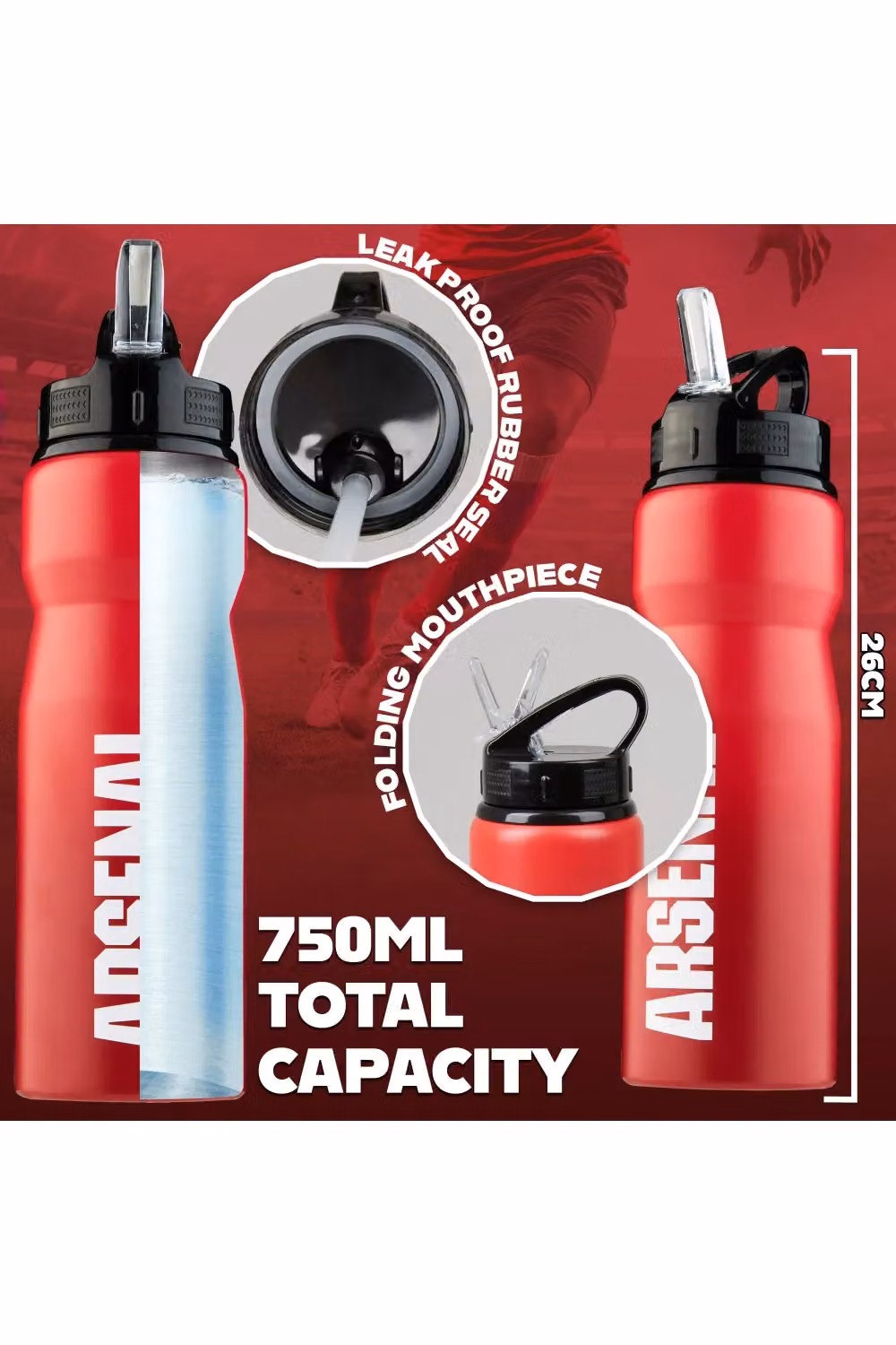 Hy-Pro International Arsenal F.C. Aluminium Sports Water Bottle with Straw, Red, 750ml – 10