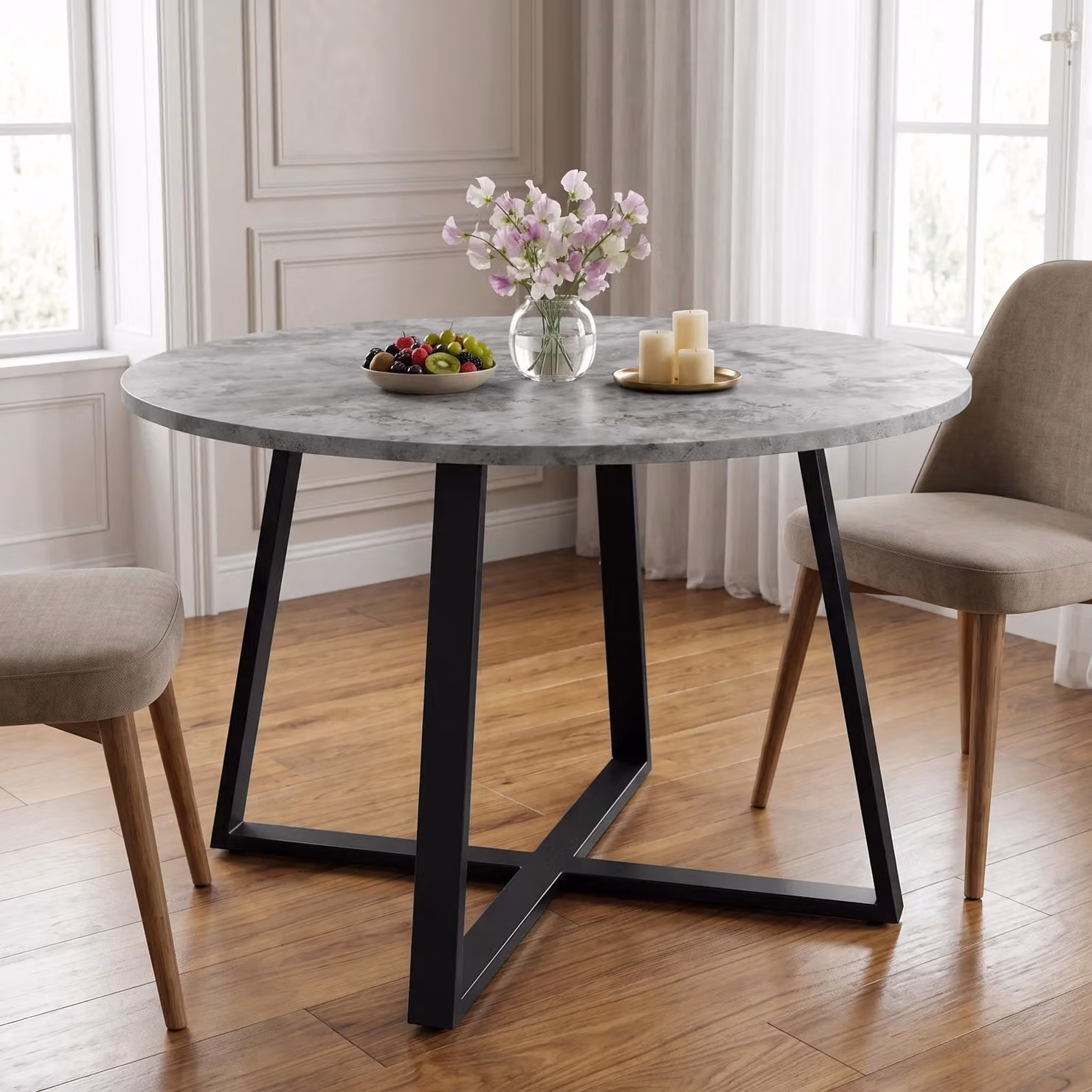 Round Concrete Effect Wood Dining Table with Black X-Frame Legs, Diameter: 110 cm, Height: 75 cm