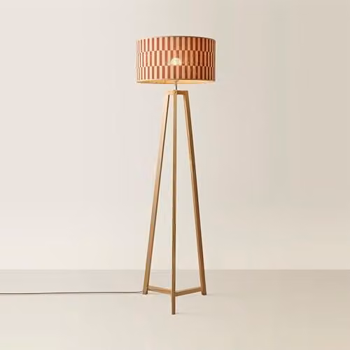 ValueLights Lottie Wooden Tripod Floor Lamp with Orange Bamboo Shade