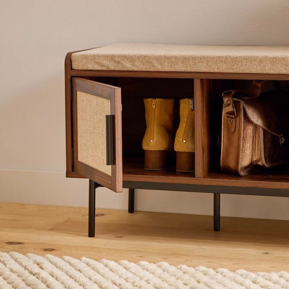 CALICOSY Jetson Entryway Bench with 1 Door and Fabric Front in Walnut Finish and Dark Brown – 3