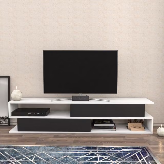 Decorotika Cortez Modern Geometric TV Unit in White and Anthracite Matt MDF, Width: 160 cm