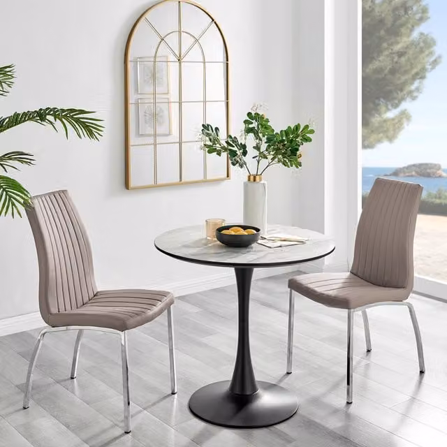 FurnitureboxUK Elina White Marble Effect Round Dining Table and 2 Isco Chairs in Cappuccino