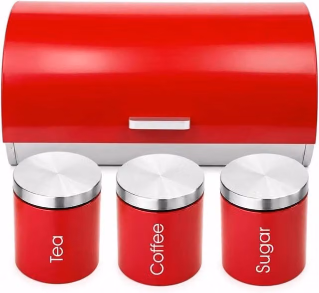 MANTRARAJ 4-Piece Red Kitchen Storage Set with Airtight Lids, Bread Bin and Canister Jars – 1