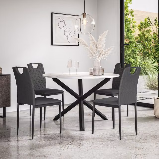 More4Homes Malvern Round Dining Table and 4 Monza Fabric Dining Chairs Set, Marble Table Top with Solid Oak Black Legs and Charcoal Chairs