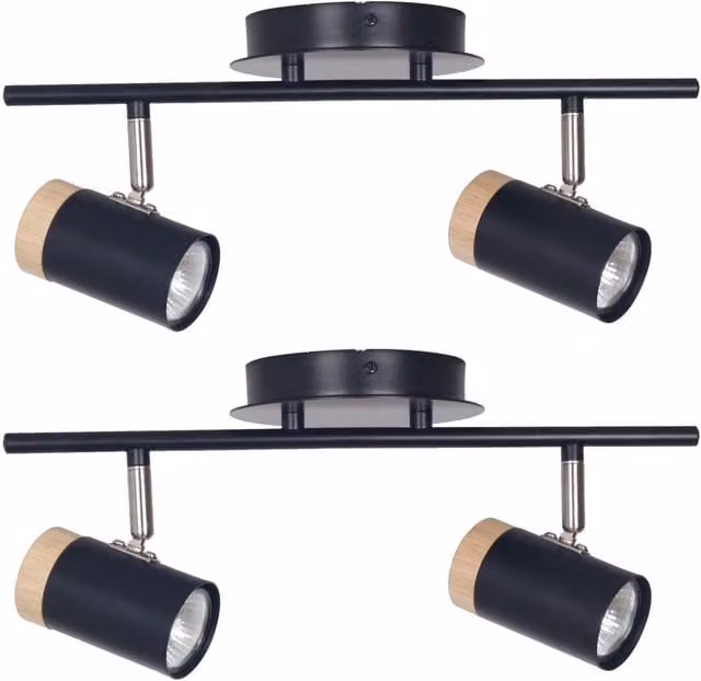 First Choice Lighting Stratton Set of 2 Two Way Up and Down Spotlights in Black and Wood