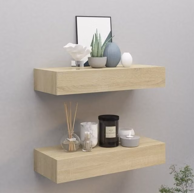Berkfield Home Wall-mounted Drawer Shelves, 2 Piece Oak MDF Set in Brown, W: 60 cm, D: 23.5 cm, H: 10 cm