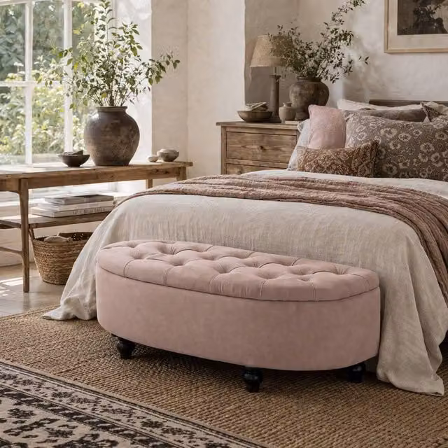Wyld Haus Rafili Pink Velvet Semi Circle Storage Bench with Tufted Seat