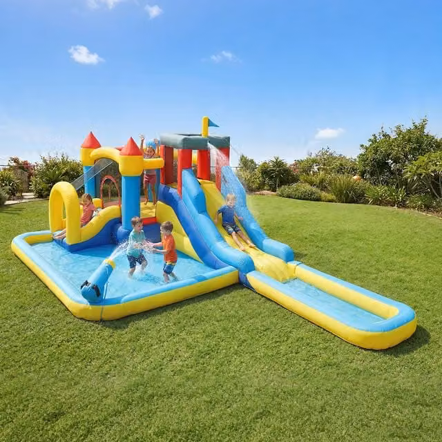 AIYAPLAY 6-in-1 Kids Inflatable Water Bounce House Castle with Slide and Safety Net, Multicolour
