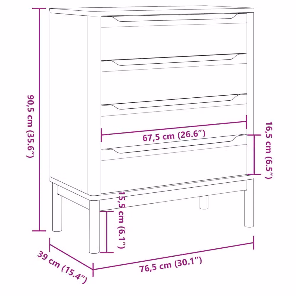 Berkfield Home Beautiful FLORO Chest of Drawers in Wax Brown Solid Pine, W/D/H: 90.5 x 39.0 x 76.5 cm – 3