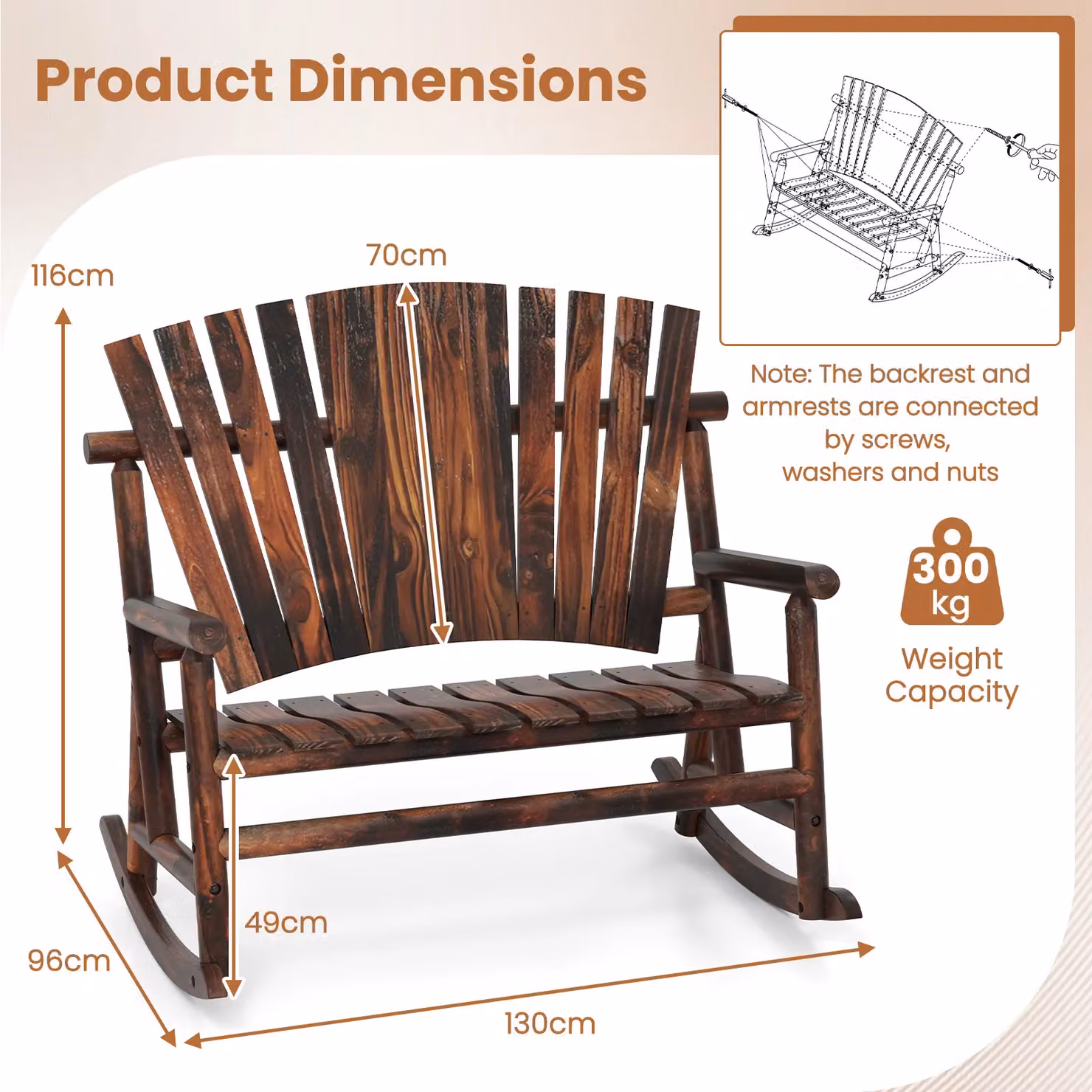 Costway 2-Person Adirondack Rocking Chair Loveseat in Brown Solid Wood for Garden, Balcony or Terrace – 2