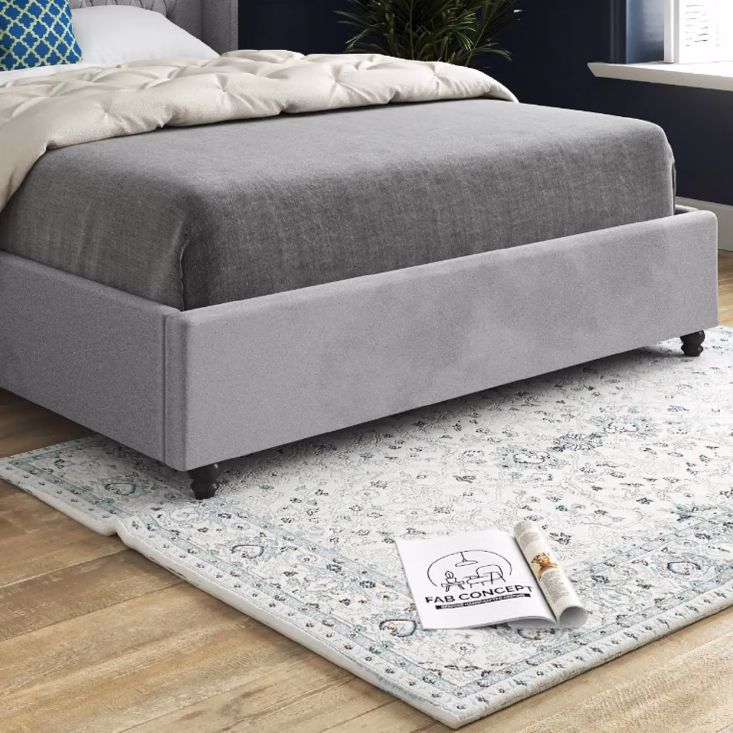 Casani Volta Straight Winged Upholstered Soft Velvet Bed Frame in Grey, W/D/H: 180 x 200 cm – 3