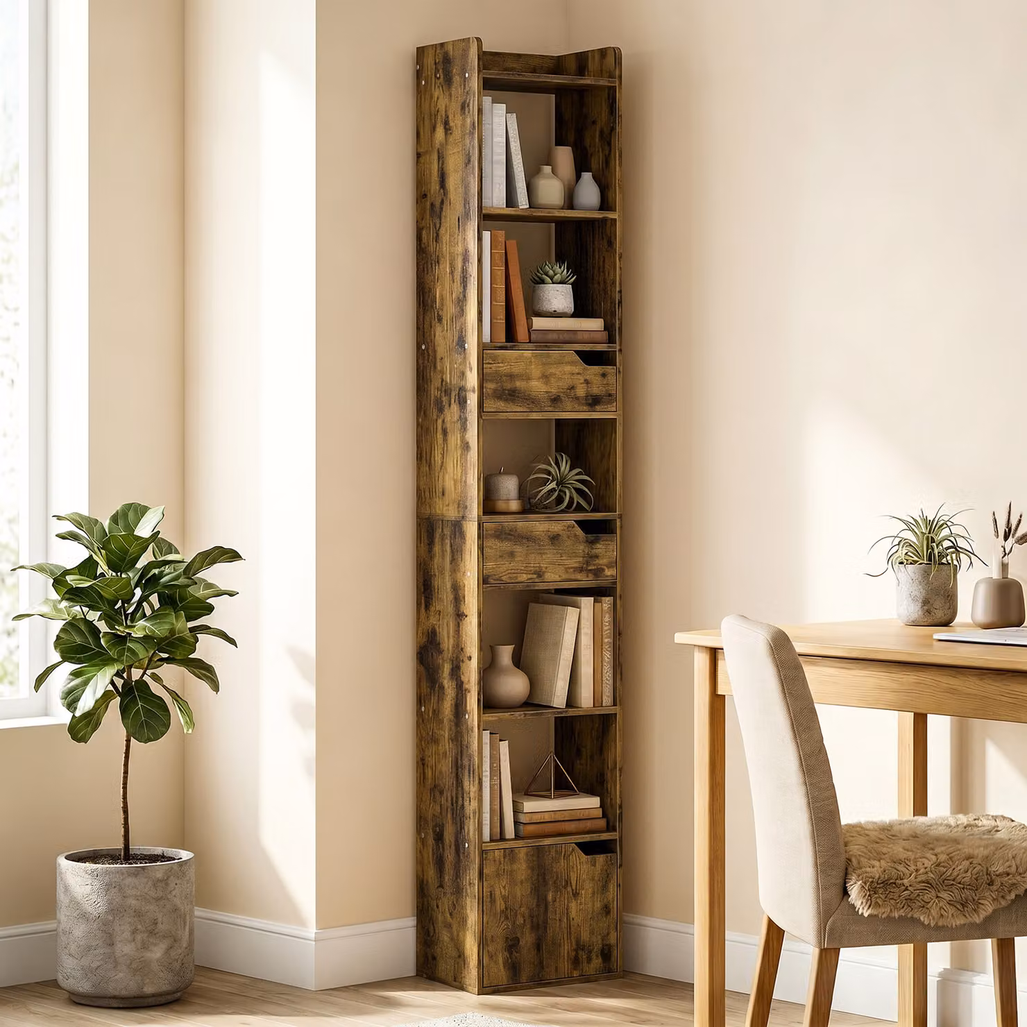 HOMCOM Tall Narrow 5-Tier Bookcase with Drawers and Storage Cabinet in Rustic Brown – 2