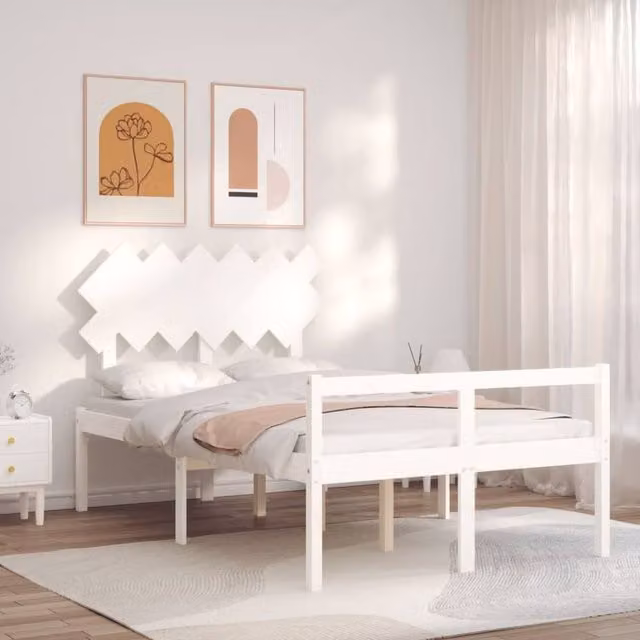 Berkfield Home Small Double Bed Frame with Headboard in White Solid Pine Wood, W/D/H: 120 x 200 cm – 1