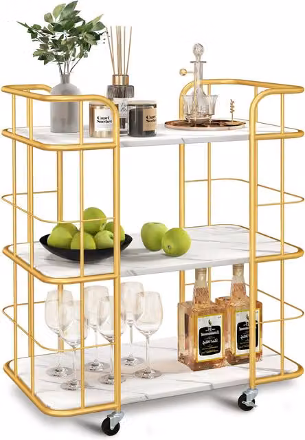COSTWAY 3-Tier Rolling Buffet Serving Cart in Gold Metal