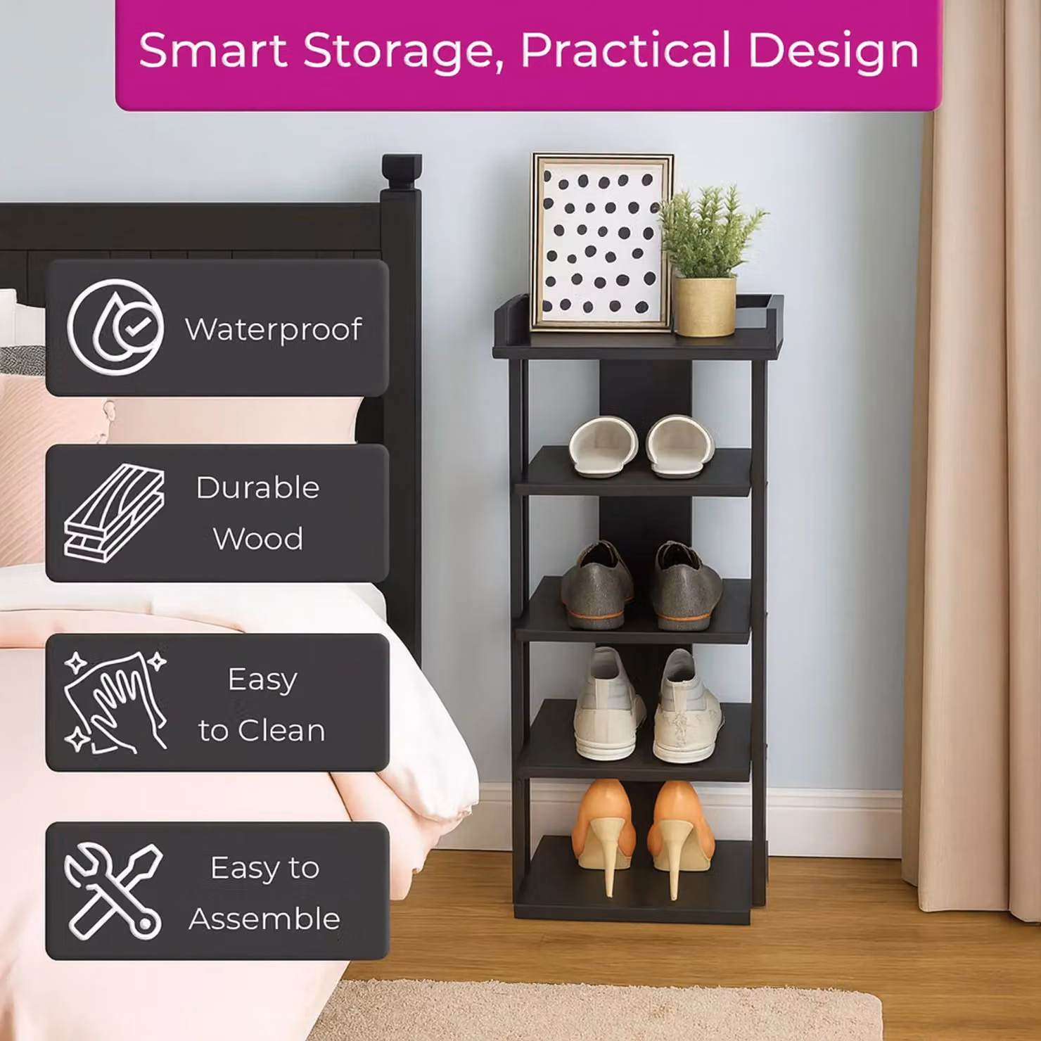 Neo 5 Tier Black Wooden Shoe Rack Storage – 3