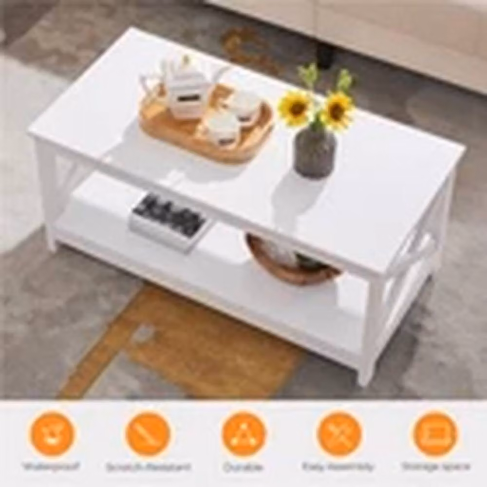 EONLION Modern 2-Tier Rectangular Coffee Table with Storage Shelf in White – 3
