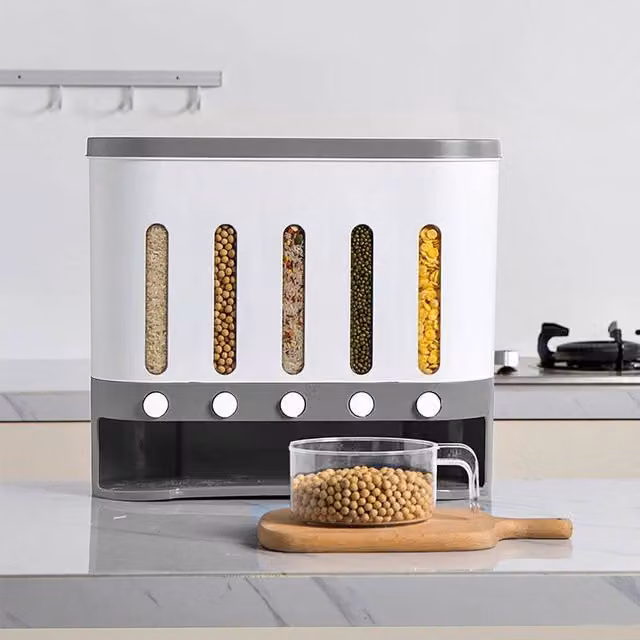Kelvenix White Wall Mounted Airtight Cereal Dispenser with Compartments and Transparent Plastic Body