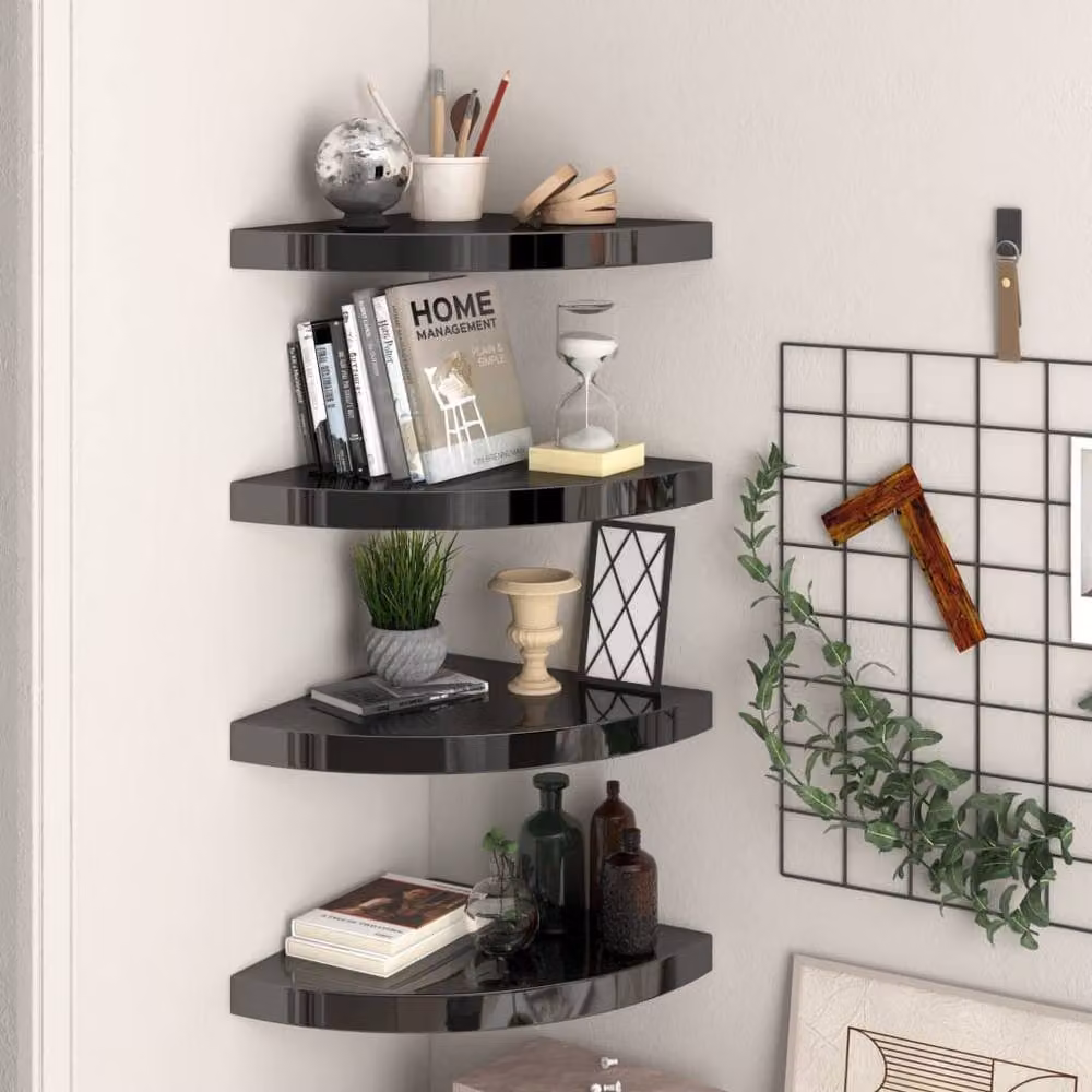 Berkfield Home Durable Floating Corner Shelves, 4 Piece Set, High Gloss Black, W: 35 cm, D: 35 cm, H: 3.8 cm – 2