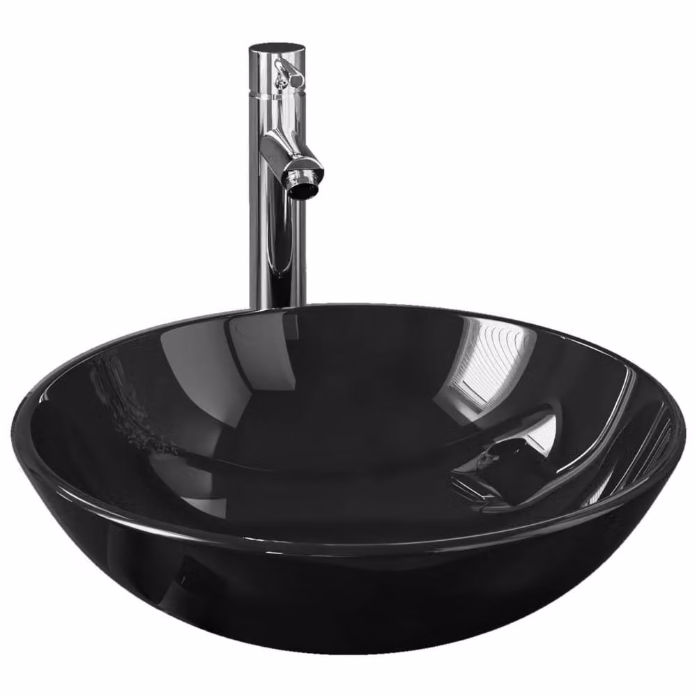 Berkfield Home Round Black Tempered Glass Countertop Bathroom Sink with Tap and Push Drain – 2