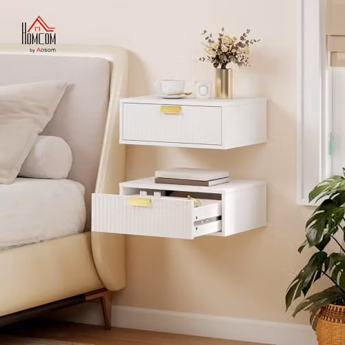 HOMCOM Set of 2 Modern White Wall-Mounted Floating Nightstands W: 40 cm, D: 30 cm, H: 15 cm – 2