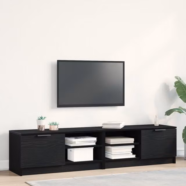Berkfield Home Modern Black Oak TV Cabinet with Sliding Doors and Internal Shelves, W/D/H: 80 x 35 x 36.5 cm