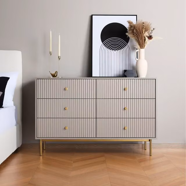 Devon Wide 6 Drawer Chest of Drawers in Grey with Gold Accents