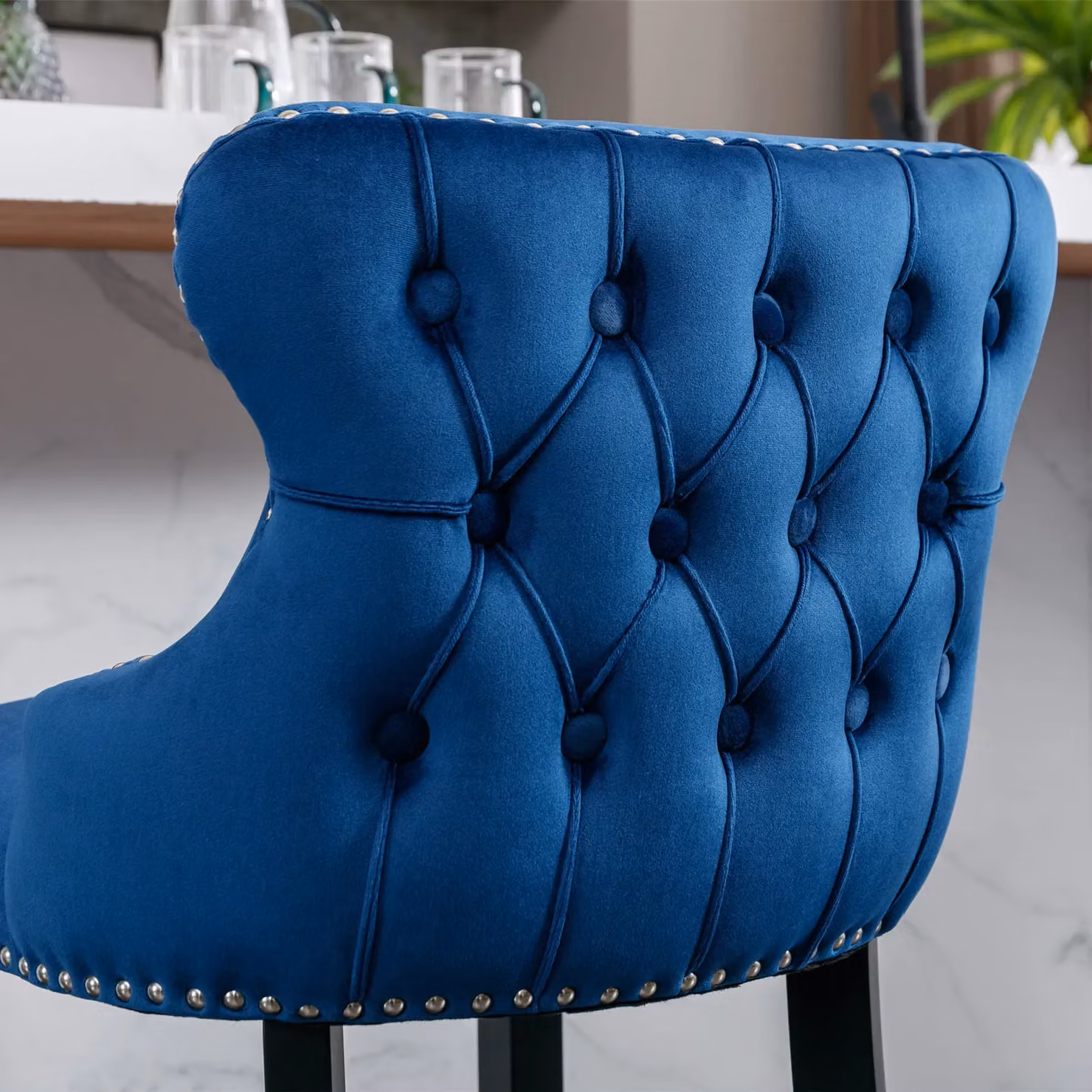 HomeTouch Set of 2 Contemporary Velvet Upholstered Wing-Back Barstools in Grey and Blue – 5