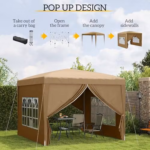 Outsunny Pop Up Gazebo Canopy Marquee with Windows in Beige and Brown – 3
